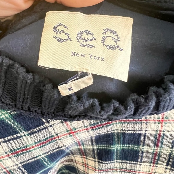 SEA NEW YORK BLUE PLAID/ LACE EYELET CREWNECK TOP BLOUSE SZ M ACCDEMIA PREPPY - Picture 2 of 8